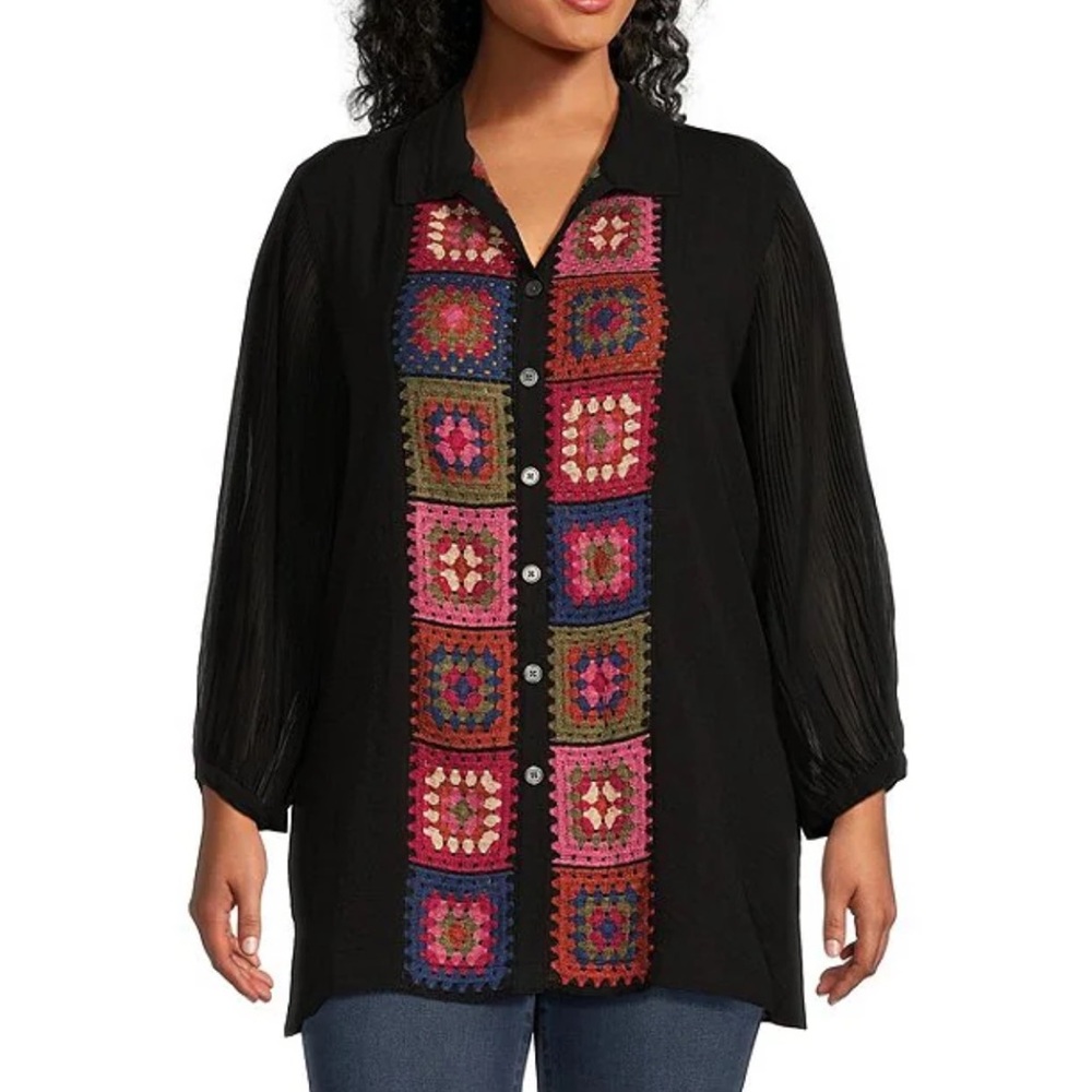 John Mark Woven Floral Crochet Wire Collar Long Sleeve Button Front Tunic